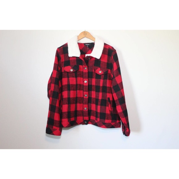 NWT Torrid Sherpa Lined Trucker Buffalo Plaid Jacket Red Plus Size 3 3X H12808 - Picture 2 of 14
